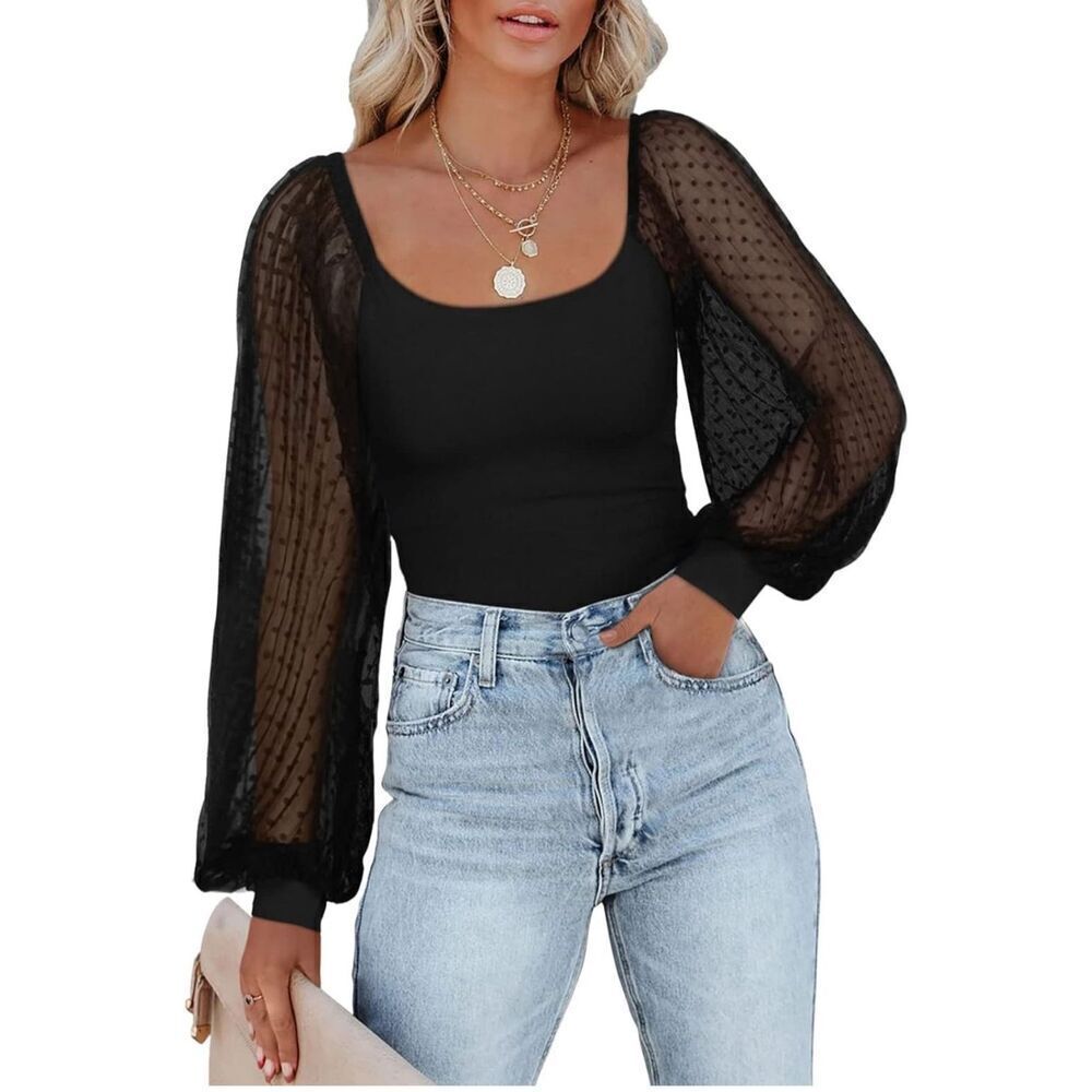 NEW PINKMSTYLE Long Sleeve Bodysuit Polka Dots Sheer 2X
